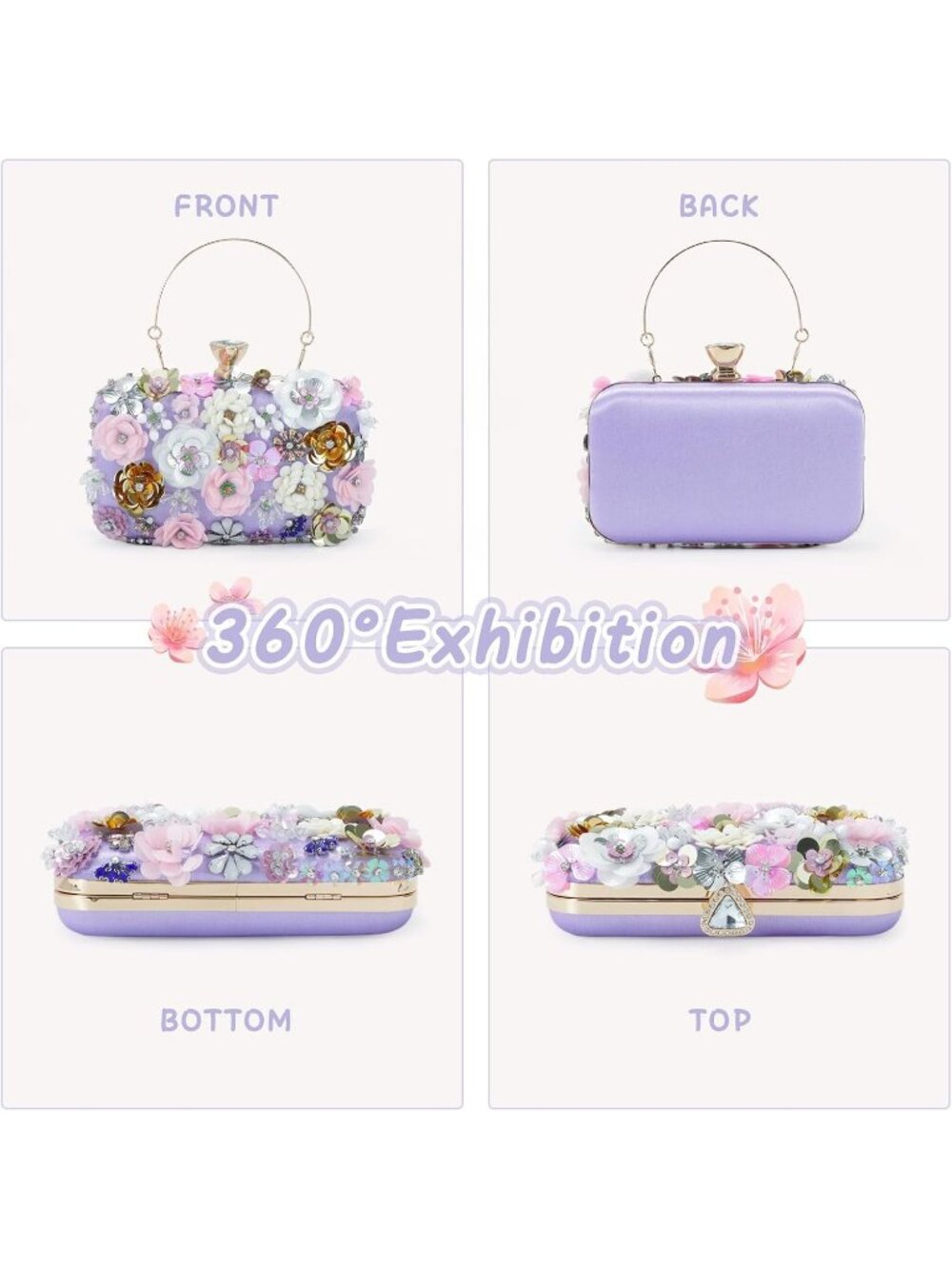 Women's Purple Clutches Flower Chain Strap Evening Imported Shoulder Bag - Picture 2 of 7